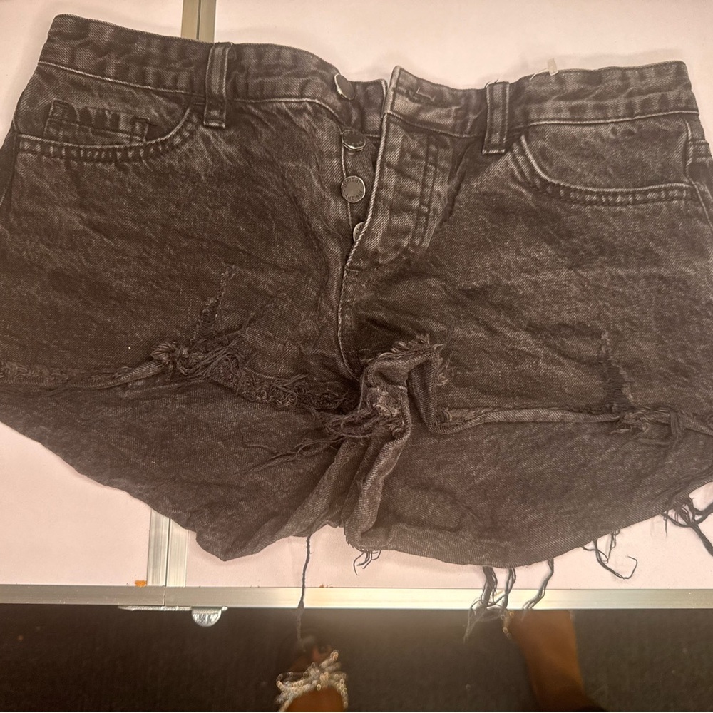 Distressed Black Denim Shorts